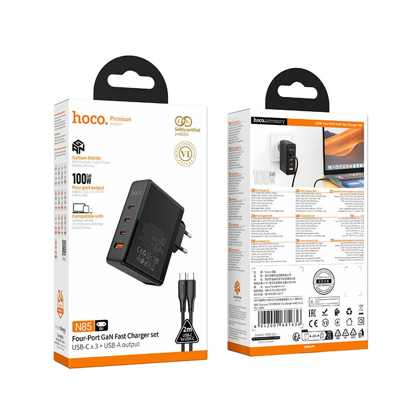 Įkroviklis Hoco N85 100W 3xUSB-C/USB-A + USB-C to USB-C 100W cable 2.0m juodas