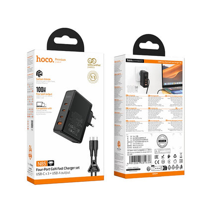 Įkroviklis Hoco N85 100W 3xUSB-C/USB-A + USB-C to USB-C 100W cable 2.0m juodas