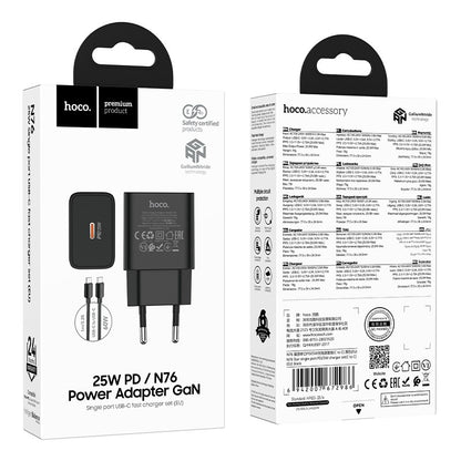 Įkroviklis Hoco N76 25W USB-C + USB-C to USB-C cable 1.0m juodas