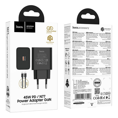 Įkroviklis Hoco N77 45W USB-C + USB-C to USB-C cable 1.0m juodas
