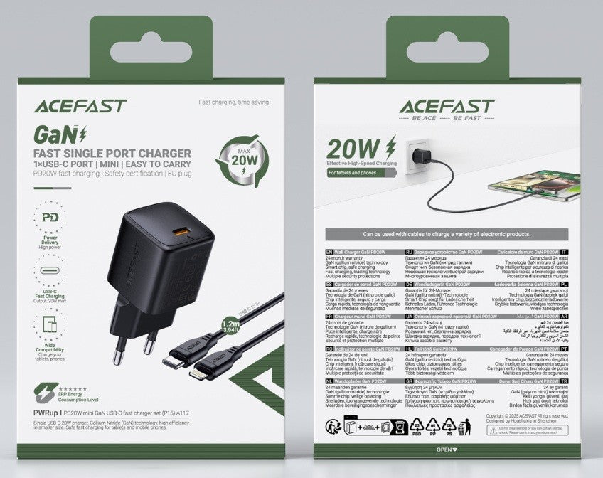 Įkroviklis Acefast A117 20W GaN USB-C + USB-C to Lightning 1.2m cable juodas