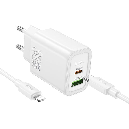 Įkroviklis Hoco N63 30W GaN USB-C/USB-A + USB-C to Lightning cable 1.0m baltas Default Title