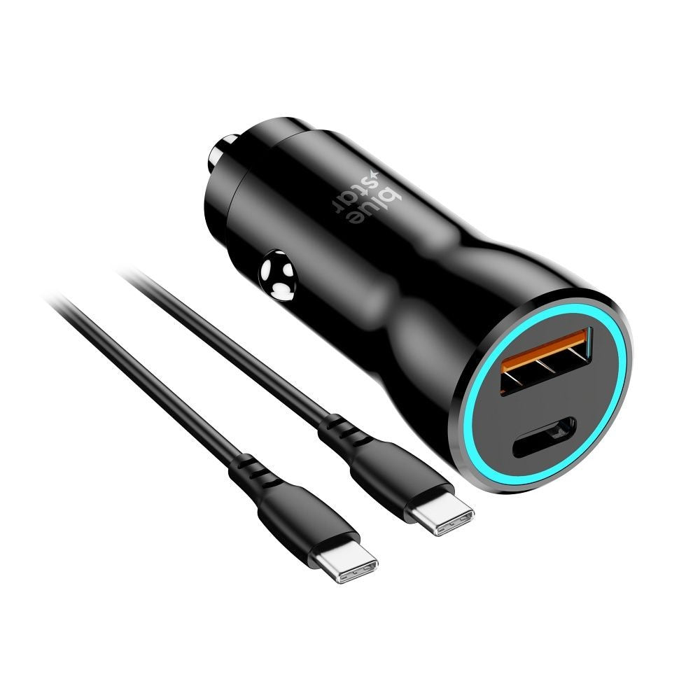 Automobilinis įkroviklis Blue Star 30W USB-C/USB-A + USB-C to USB-C 60W cable 1.0m juodas Default Title