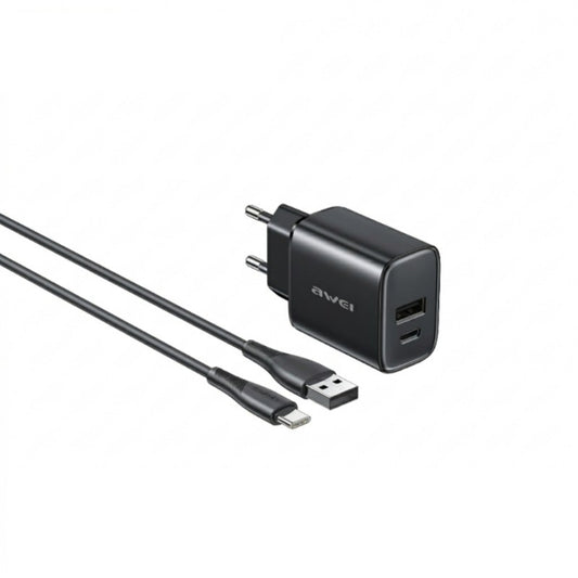 Įkroviklis Awei PD85T-EU 22.5W USB-A/USB-C + USB-A to USB-C cable 1.0m juodas Default Title