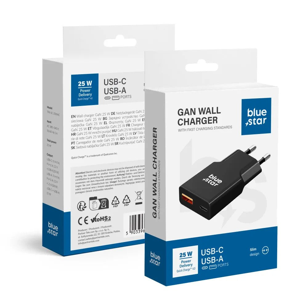 Įkroviklis Blue Star Slim GaN 25W USB-C/USB-A juodas Default Title