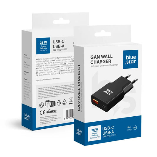 Įkroviklis Blue Star Slim GaN 25W USB-C/USB-A juodas Default Title