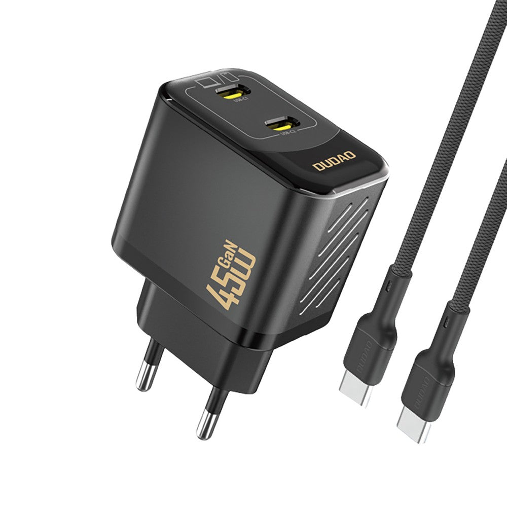 Įkroviklis Dudao A28PC GaN 45W 2xUSB-C + USB-C to USB-C cable 1.0m juodas