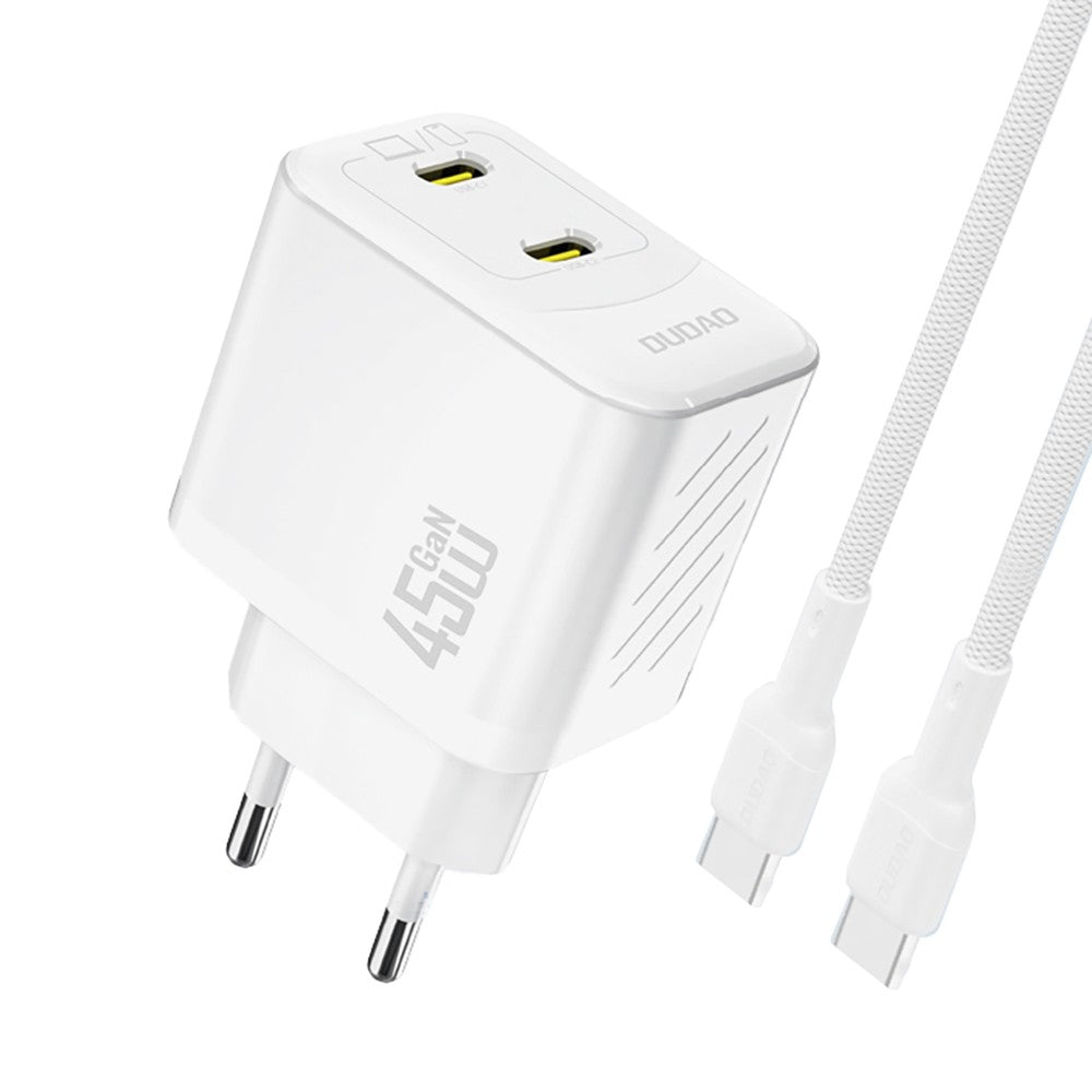 Įkroviklis Dudao A28PC GaN 45W 2xUSB-C + USB-C to USB-C cable 1.0m baltas