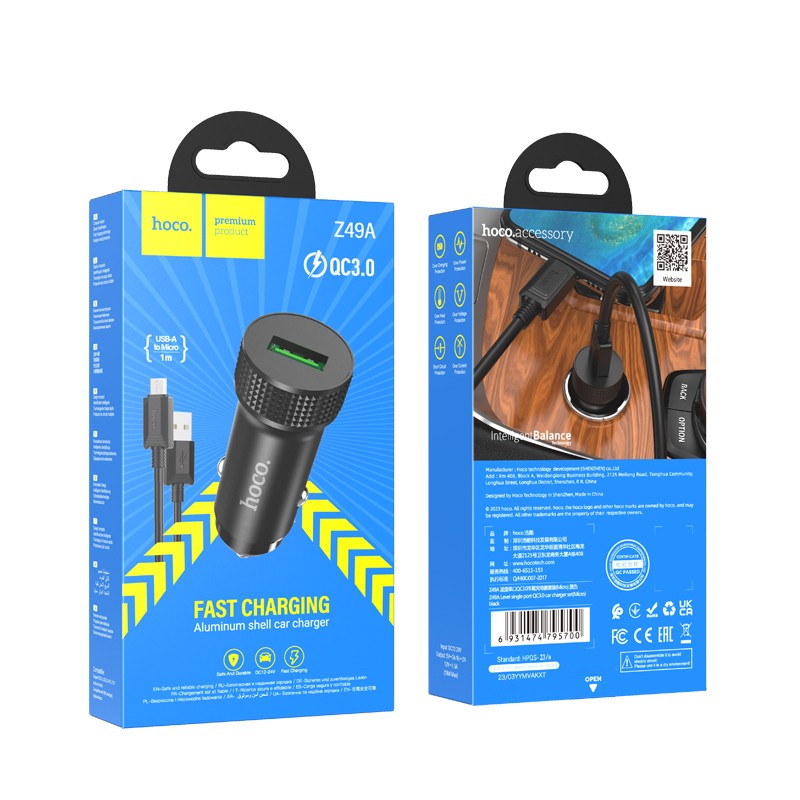 Automobilinis įkroviklis Hoco Z49A QC3.0 18W + MicroUSB juodas Automobiliniai įkrovikliai -   