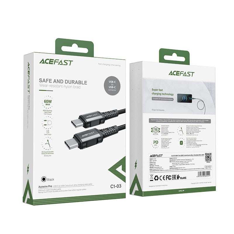 USB kabelis Acefast C1-03 60W USB-C to USB-C 1.2m juodas