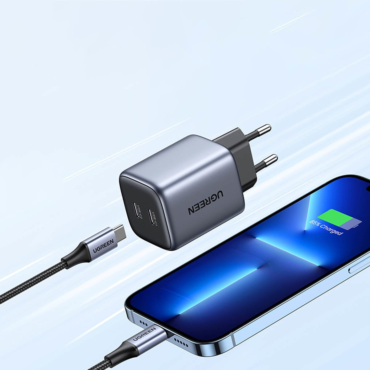 Įkroviklis Ugreen CD294 45W GaN 2xUSB-C juodas
