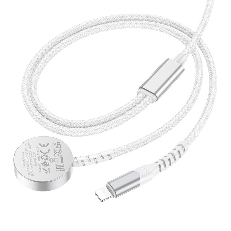 USB kabelis Hoco CW54 2in1 USB-C to Lightning/Apple Watch 1.2m baltas