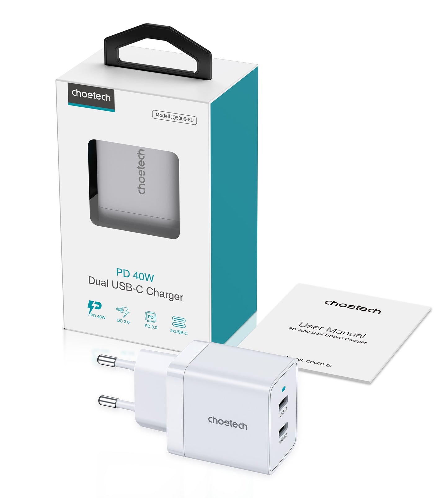 Įkroviklis Choetech Q5006 2xUSB-C PD40W baltas