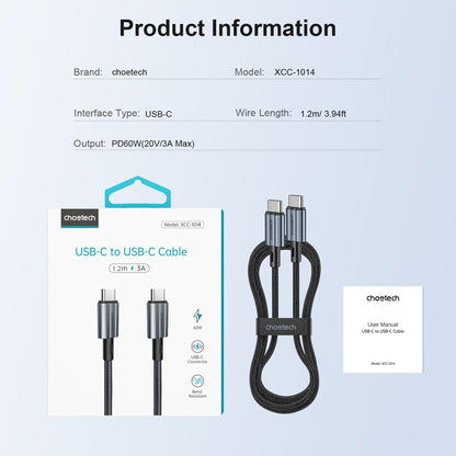 USB kabelis Choetech XCC-1014 USB-C to USB-C PD60W 1.2m juodas