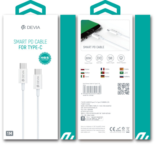 USB kabelis Devia Smart PD iš Type-C į Type-C 20V 3.0A 60W baltas