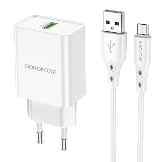 Įkroviklis Borofone BN5 QC 3.0 18W + microUSB, baltas