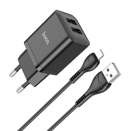 Įkroviklis Hoco N25 2xUSB-A (2.1A) + Lightning juodas