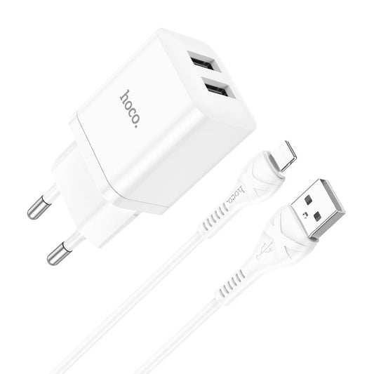 Įkroviklis Hoco N25 2xUSB-A (2.1A) + Lightning baltas