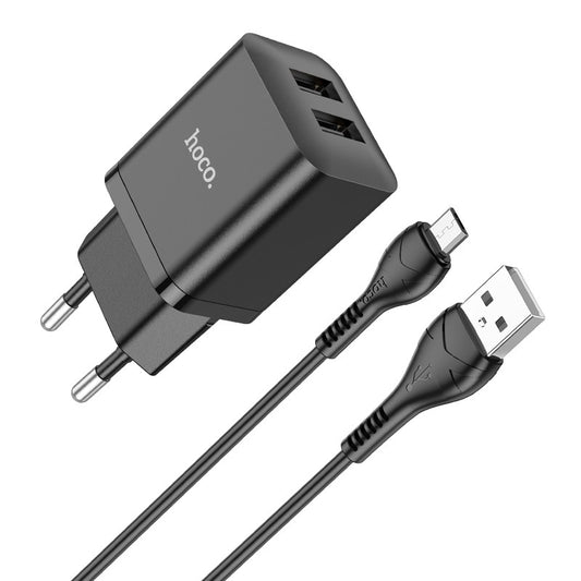 Įkroviklis Hoco N25 2xUSB-A (2.1A) + MicroUSB juodas