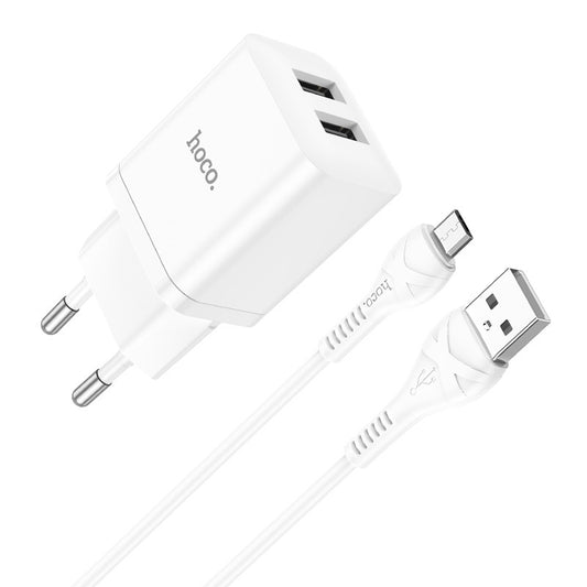 Įkroviklis Hoco N25 2xUSB-A (2.1A) + MicroUSB baltas