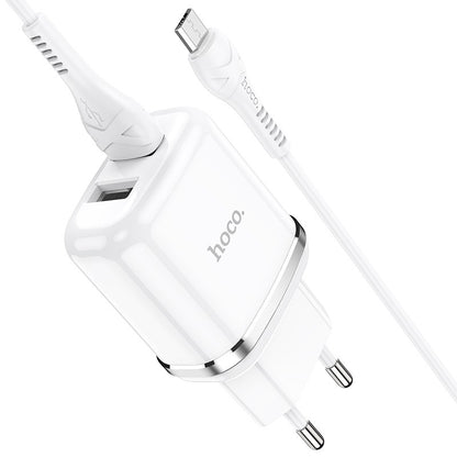 Įkroviklis Hoco N4 su dviem USB jungtimis + MicroUSB (2.4A) baltas