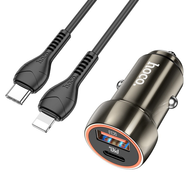 Automobilinis įkroviklis Hoco Z46A USB-A/Type-C PD20W+QC3.0 + Lightning pilkas Automobiliniai įkrovikliai -   